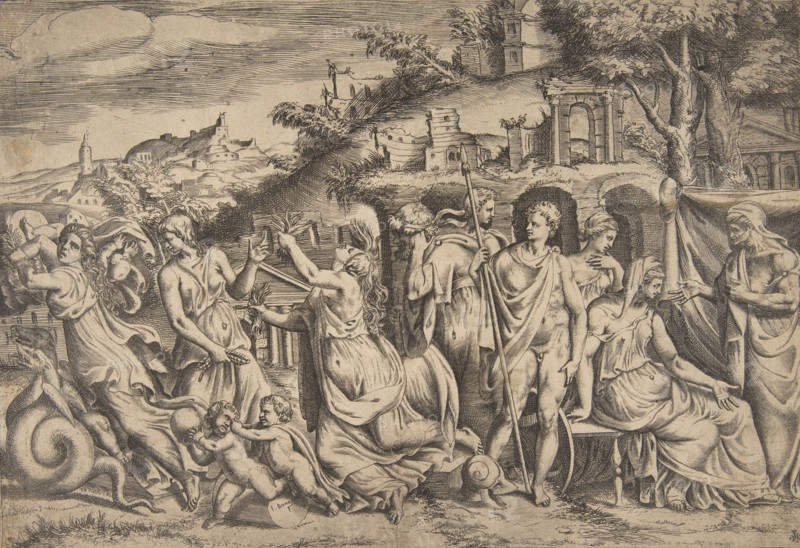 The story of Jason and Medea at the left she carries off her son, in the middle she is ..., 1531-76. Creator: Giulio Bonasone.