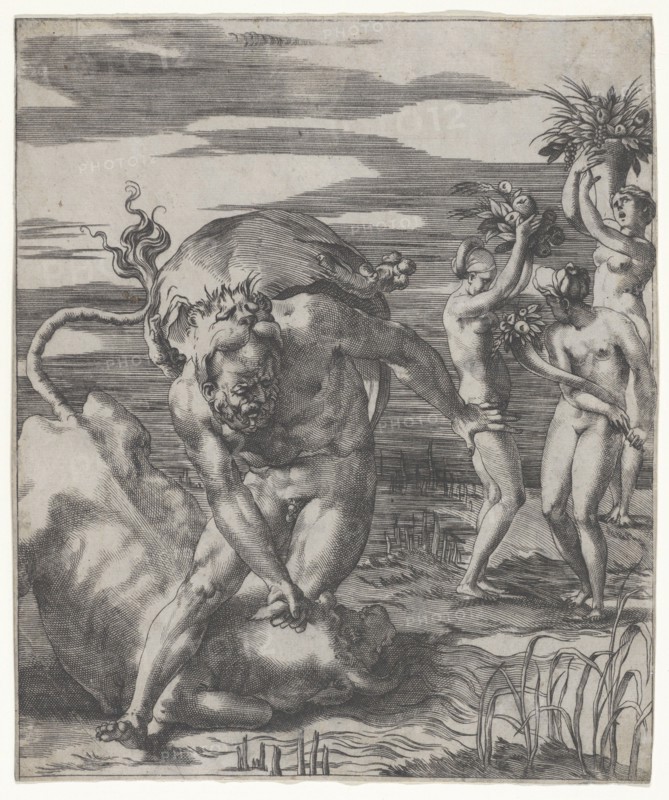 Hercules defeating the river god Achelous in the form of a bull, with three women t..., ca. 1526-27. Creator: Giovanni Jacopo Caraglio.