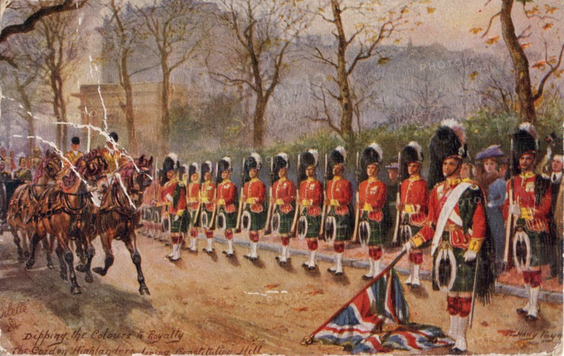 Dipping the Colours to Royalty, the Gordon Highlanders lining Constitution Hill, 1932. Creator: Harry Payne.