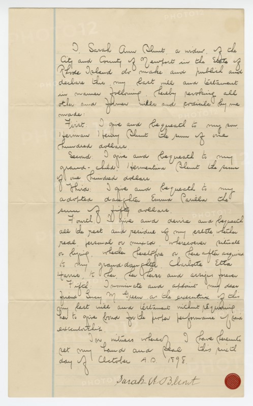 Last will and testament of Sarah Ann Blunt Crozley, October 1898. Creator: Sarah Ann Blunt Crozley.