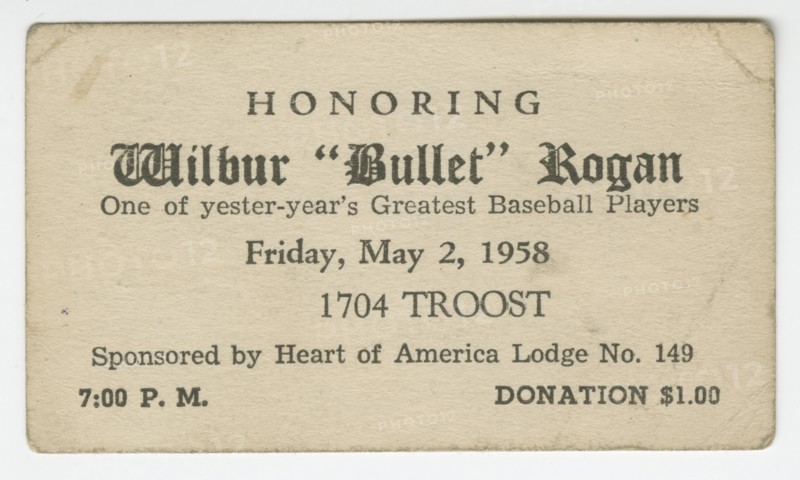 Advertising card for an event honoring Wilbur "Bullet" Rogan, May 2, 1958. Creator: Unknown.