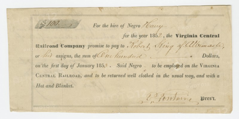 Bond for the hire of enslaved man named Harry by the Virginia Central Railroad, 1852. Creator: Unknown.