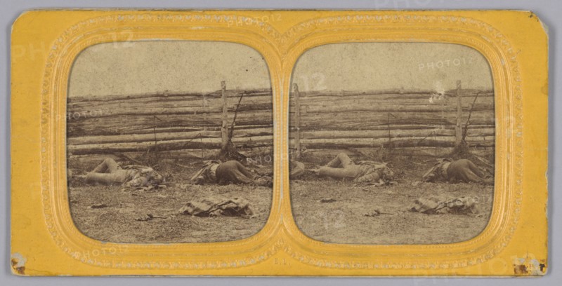 Stereograph of deceased Confederate soldiers near a fence at Antietam, Maryland, 1862. Creator: Alexander Gardner.