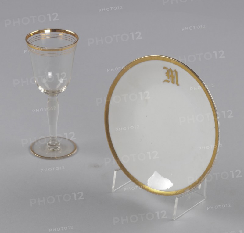 Glass and bowl with gold decoration from Mae's Millinery Shop, 1941-1994. Creator: Unknown.