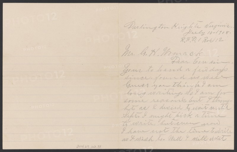 Letter from Julia Jordan to G. H. Womack, July 10, 1908. Creator: Julia Womack.