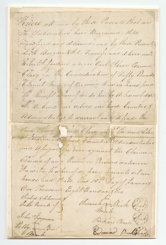 Bill of sale for a girl named Clary purchased by Robert Jardine for 50 pounds, January 15, 1806. Creator: Unknown.