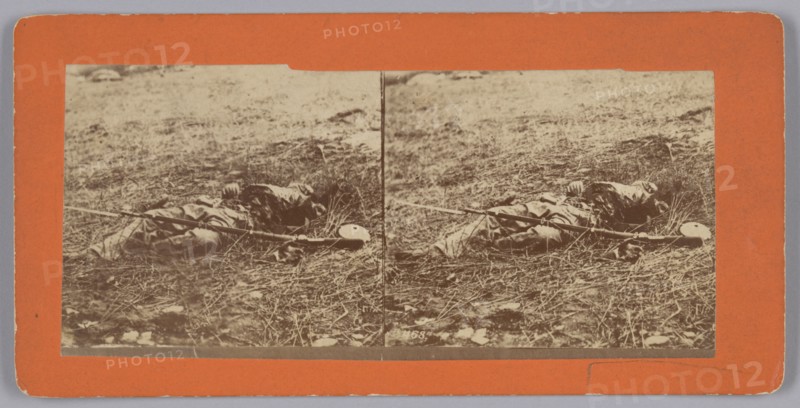 Stereograph of a deceased soldier on the battlefield after Gettysburg, 1863. Creator: Alexander Gardner.