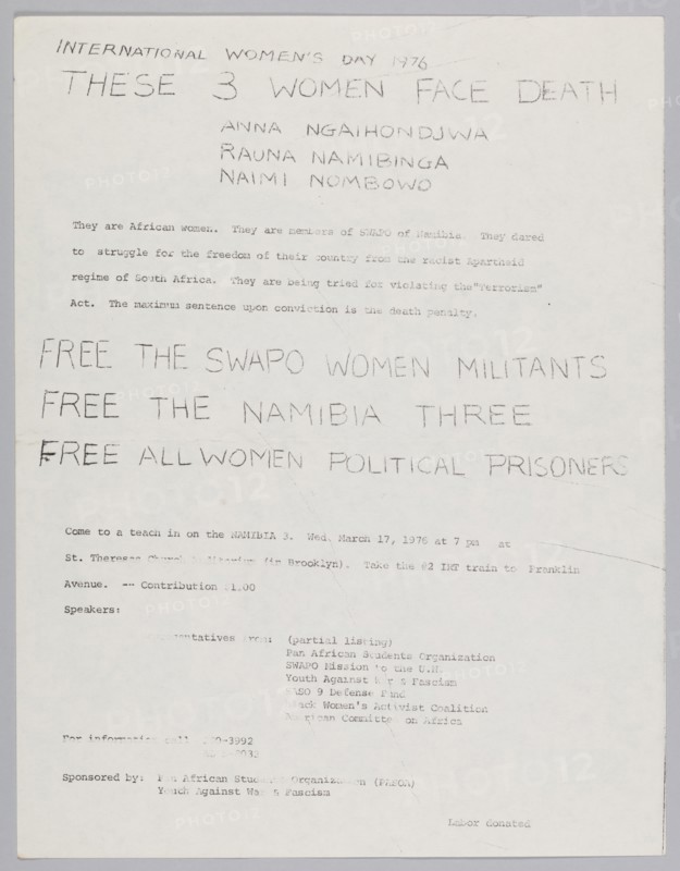 Flyer about the Namibia Three and International Women's Day 1976, 1976. Creator: Unknown.