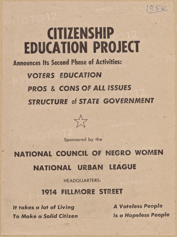 Flyer promoting the second phase of the NCNW's Citizenship Education Project, 1956. Creator: Unknown.
