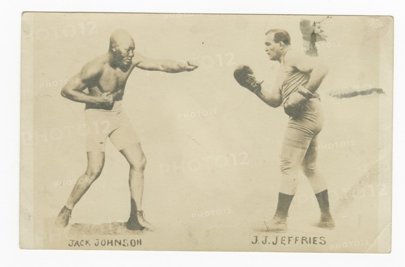 Photographic postcard with photos of Jack Johnson and James J. Jeffries, 1910. Creator: Unknown.