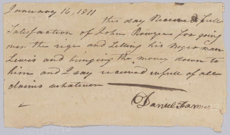 Payment receipt for the hiring out of an enslaved man named Lewis, January 16, 1811. Creator: Unknown.