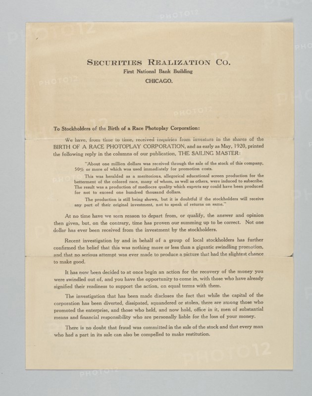 Letter regarding the Birth of a Race Photoplay Corporation, 1922. Creator: Unknown.