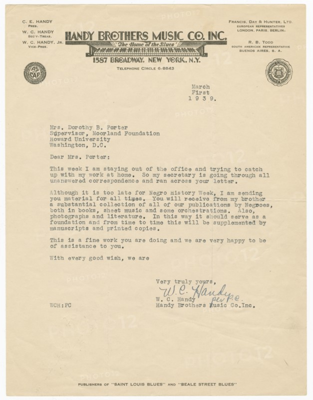 Letter to Dorothy Porter from W.C. Handy, March 1, 1939. Creator: WC Handy.