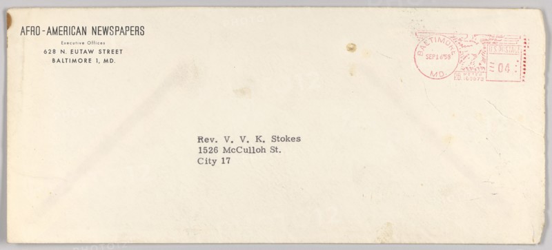 Envelope for a letter from Afro-American Newspapers to Rev. V. Stokes, September 16, 1958. Creator: Unknown.