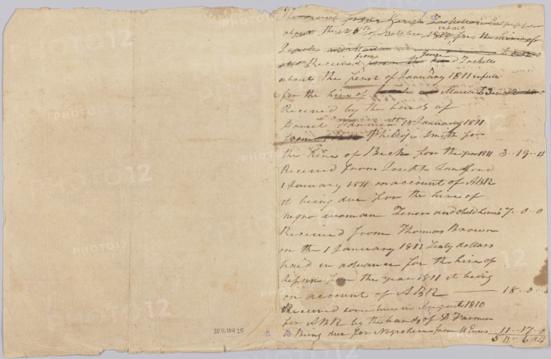 Accounting record for the Rouzee family with notes on hires of enslaved persons, 1810-1811. Creator: Unknown.