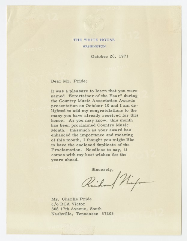 Letter to Charley Pride from Richard Nixon, October 26, 1971. Creator: Richard Nixon.