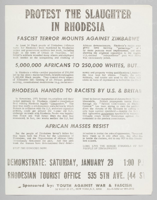 Flyer advertising a protest against slaughter in Rhodesia, January 29, 1972. Creator: Unknown.