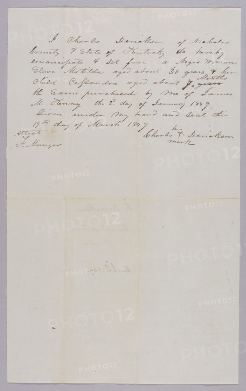 Manumission paper for Matilda and Cassandra Derickson, 1849. Creator: Unknown.