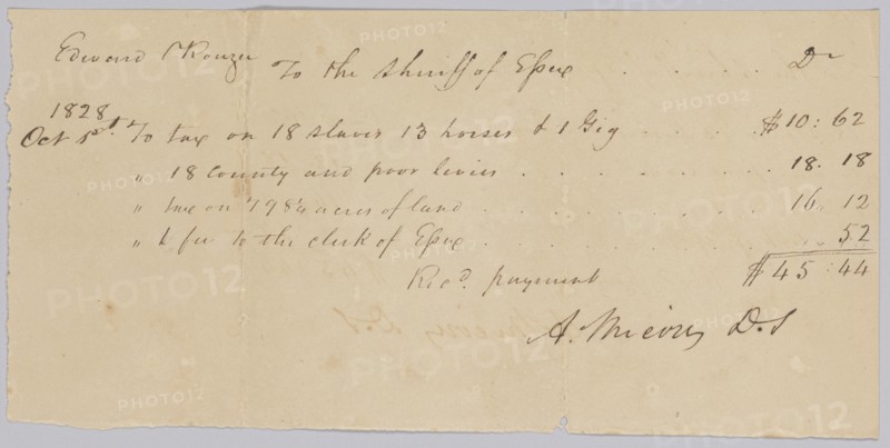 Record of taxes on property, including enslaved persons, owned by Edward Rouzee, October 1, 1828. Creator: Unknown.