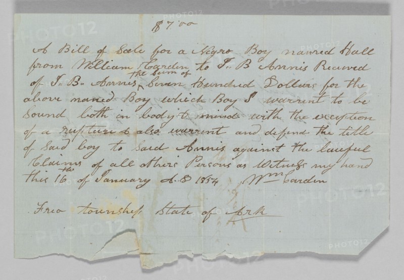 Bill of sale for a boy named Hall to Jerome B. Annis, January 16, 1854. Creator: William Cardin.