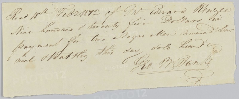 Bill of sale for two men, Daniel and Bartley, to Edward Rouzee, February 18, 1812. Creator: Unknown.