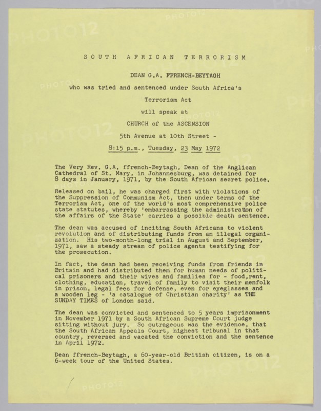 Flyer announcing a speech by Dean G.A. FFrench-Beytagh, 1972. Creator: Unknown.