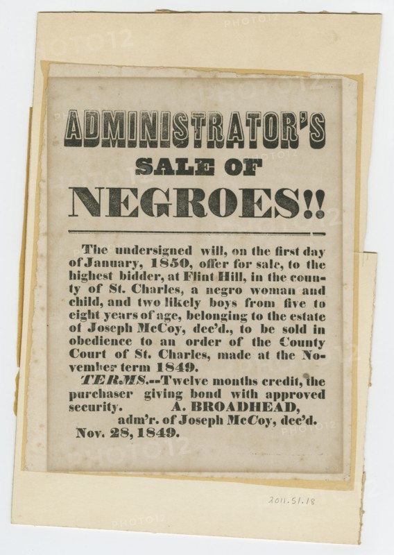 Broadside for sale of enslaved woman and children from estate of Joseph McCoy, November 28, 1849. Creator: Unknown.