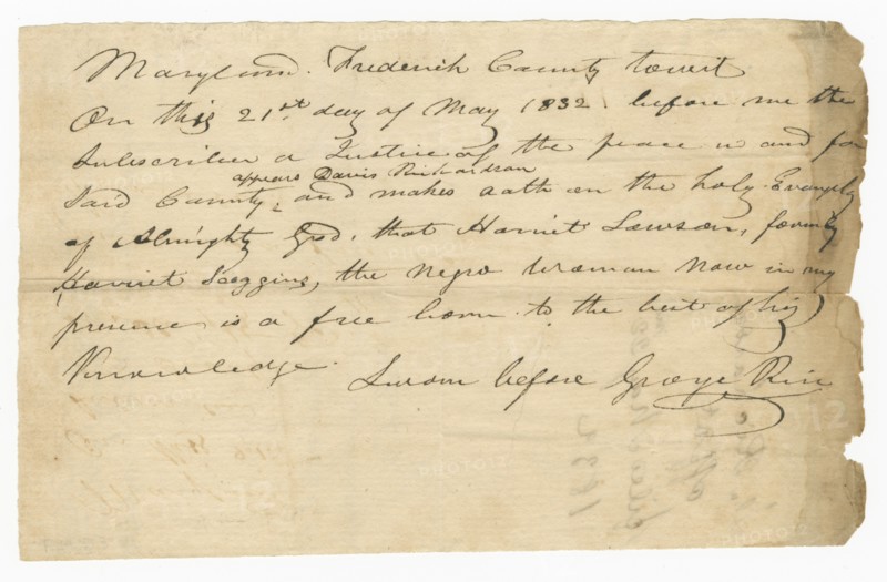 Pass for free woman Harriet Lawson to visit her husband, Caleb, May 21, 1832. Creator: Unknown.