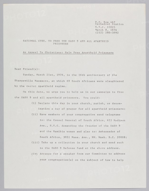 Letter from the Committee to Free the SASO 9, March 8, 1976. Creator: Unknown.
