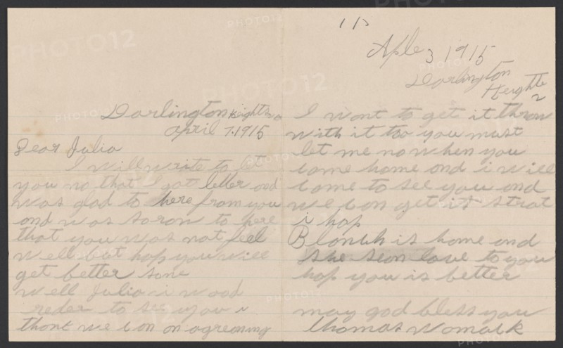 Letter from Thomas Womack to Julia Womack with envelope, April 7, 1915. Creator: Thomas Womack.