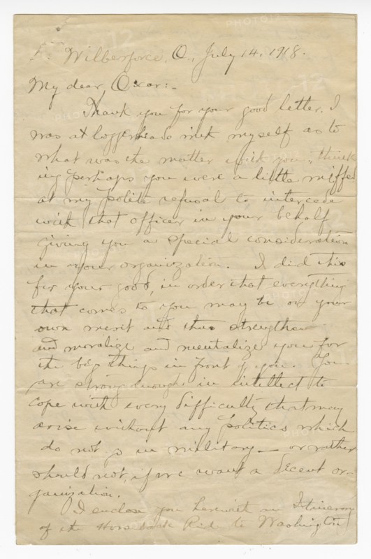 Letter to Oscar W. Price from Colonel Charles Young, July 14, 1918. Creator: Charles Young.