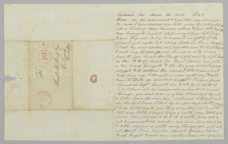 Letter to Samuel Fox from Giles Saunders regarding the slave trade, March 21, 1847. Creator: Giles Saunders.