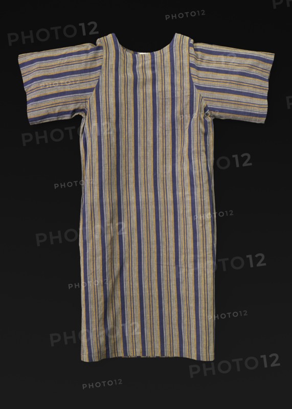 Grey, blue, and maize-colored cotton striped dress designed by Willi Smith, 1969-1987. Creator: Willi Smith.