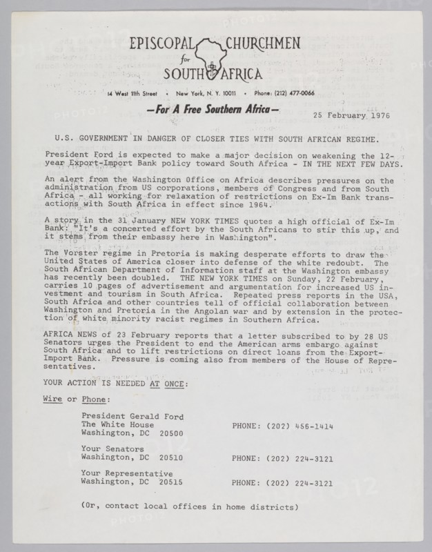 Letter by the Episcopal Churchmen for South Africa, February 25, 1976. Creator: Unknown.