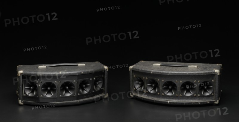 Tweeter box speakers used as part of a DJ setup, 1970s. Creator: Unknown.