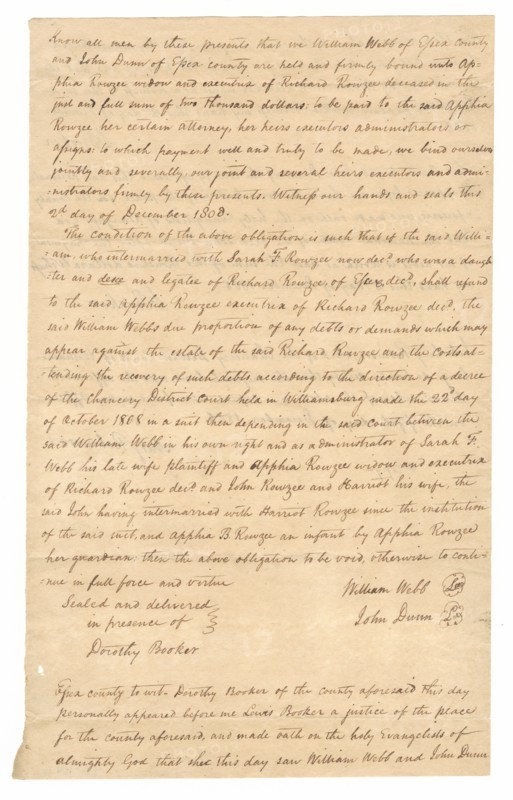 Transcript of court record regarding payment for hire of enslaved persons, December 2, 1808. Creator: Unknown.