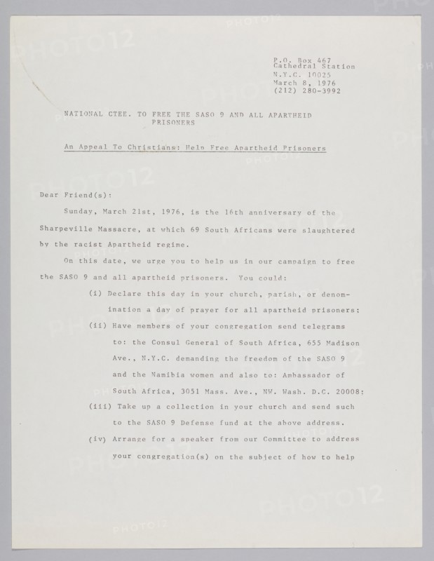 Letter from the Committee to Free the SASO 9, March 8, 1976. Creator: John Akpan.