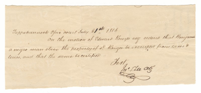 Document for tax exemption of the enslaved man Benjamin, owned by Edward Rouzee, July 21, 1806. Creator: Unknown.