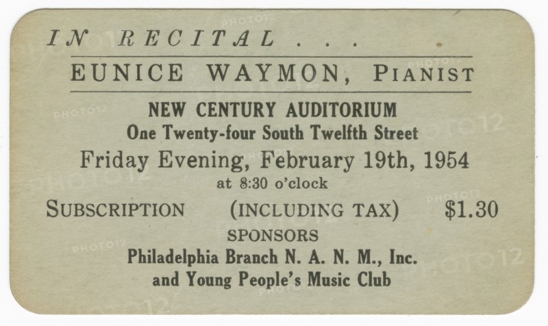 Promotional card for a piano recital given by Eunice Waymon (Nina Simone), 1954. Creator: Unknown.