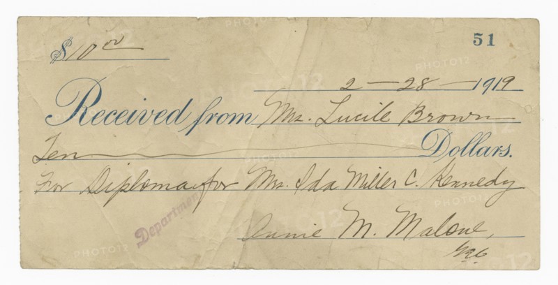 Receipt for ten dollars from Lucille Brown, February 28, 1919. Creator: Unknown.