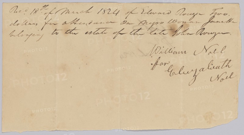 Payment receipt to Eliza Noel for "attendance on a negro woman named Janet", March 18, 1824. Creator: Unknown.