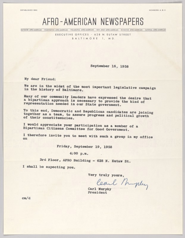 Letter from Carl Murphy and Afro-American Newspapers, September 16, 1958. Creator: Unknown.