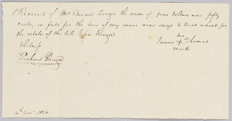Payment receipt for hire of an enslaved man to the estate of John Rouzee, November 16, 1826. Creator: Unknown.