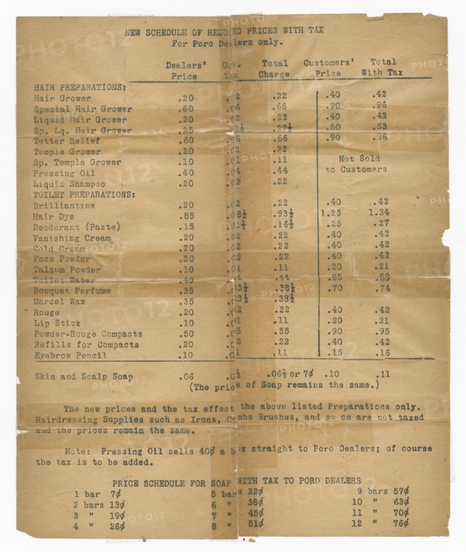 Price list for dealers of Poro beauty products, 1915-1953    . Creator: Unknown.