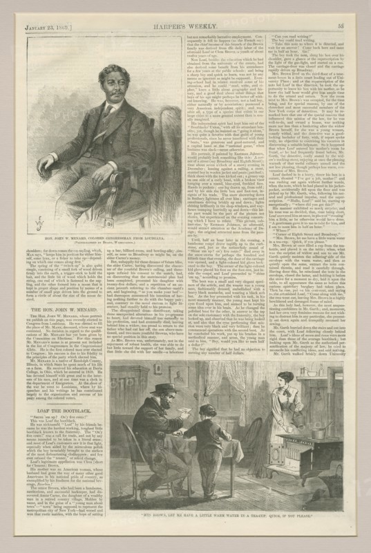 Page 53 from Harper's Weekly with an article about John W. Menard, January 23, 1869. Creator: Unknown.