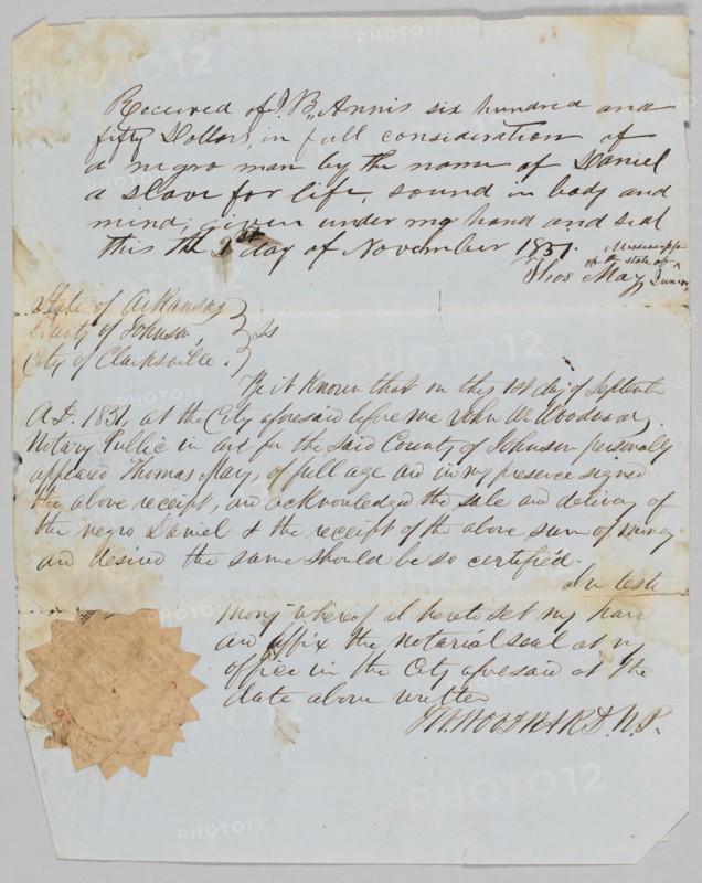Bill of sale for a man named Daniel to Jerome B. Annis, November 1, 1851. Creator: Thomas May.