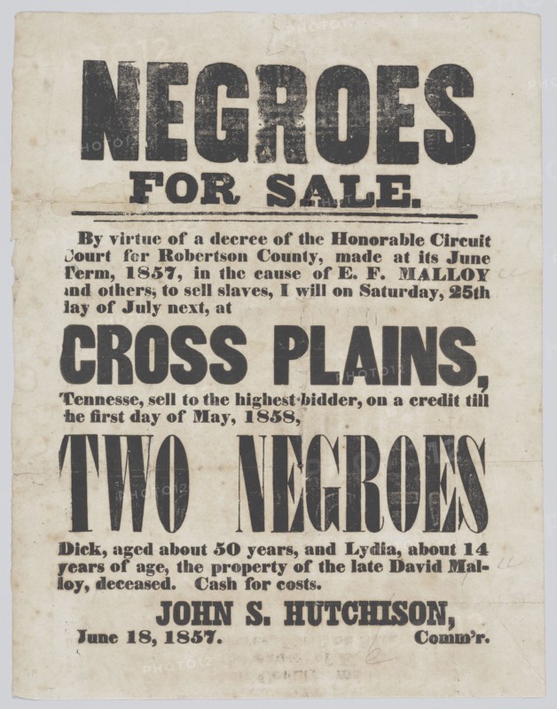 Broadside announcing the sale of a man, Dick, and a girl, Lydia, 1857. Creator: Unknown.