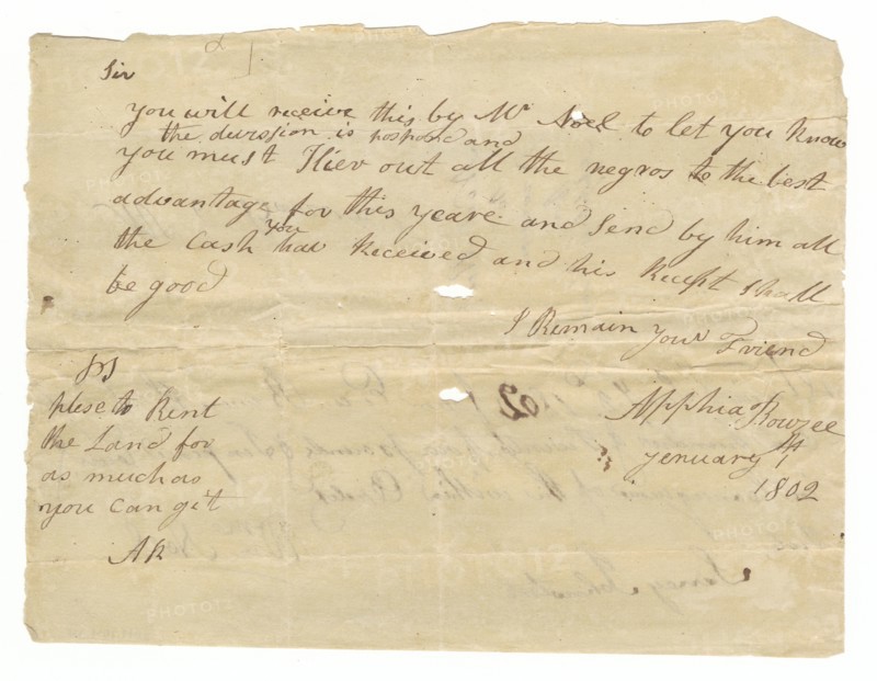 Letter and payment receipt for hire of enslaved persons owned by Apphia Rouzee, January 1, 1802. Creator: Unknown.