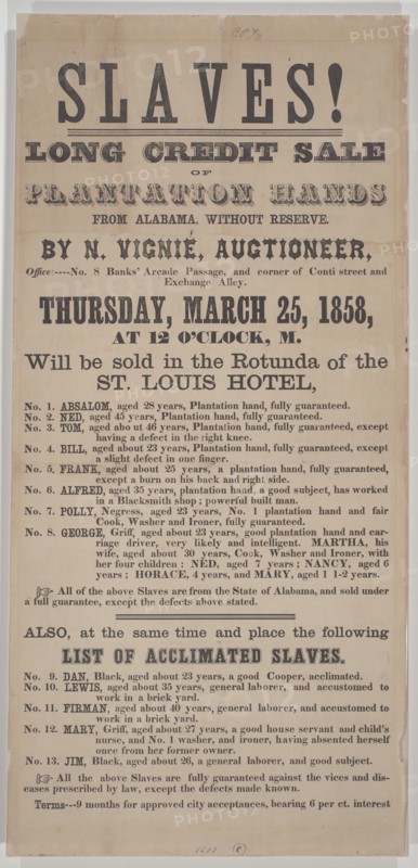 Broadside for a New Orleans auction of 18 enslaved persons from Alabama, 1858. Creator: Unknown.