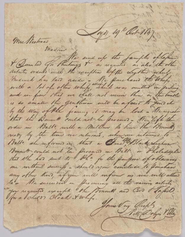 Letter concerning procurement of whips, personal affects, and bolts of cloth, October 19, 1829. Creator: Unknown.
